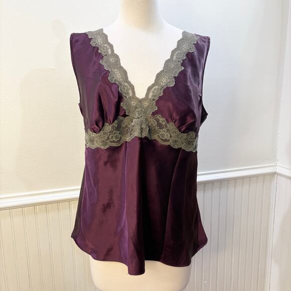 Y2K Babydoll Tank Top Size M Satin Lace Trim Camisole Shell Burgundy Purple - Picture 1 of 14